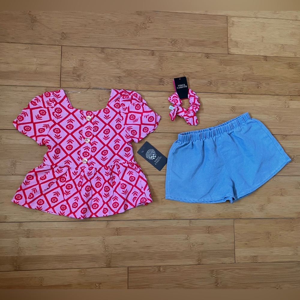 NWT Girls Size 3T Outfit - Patterned Peplum Top & Blue Pull On Shorts Set